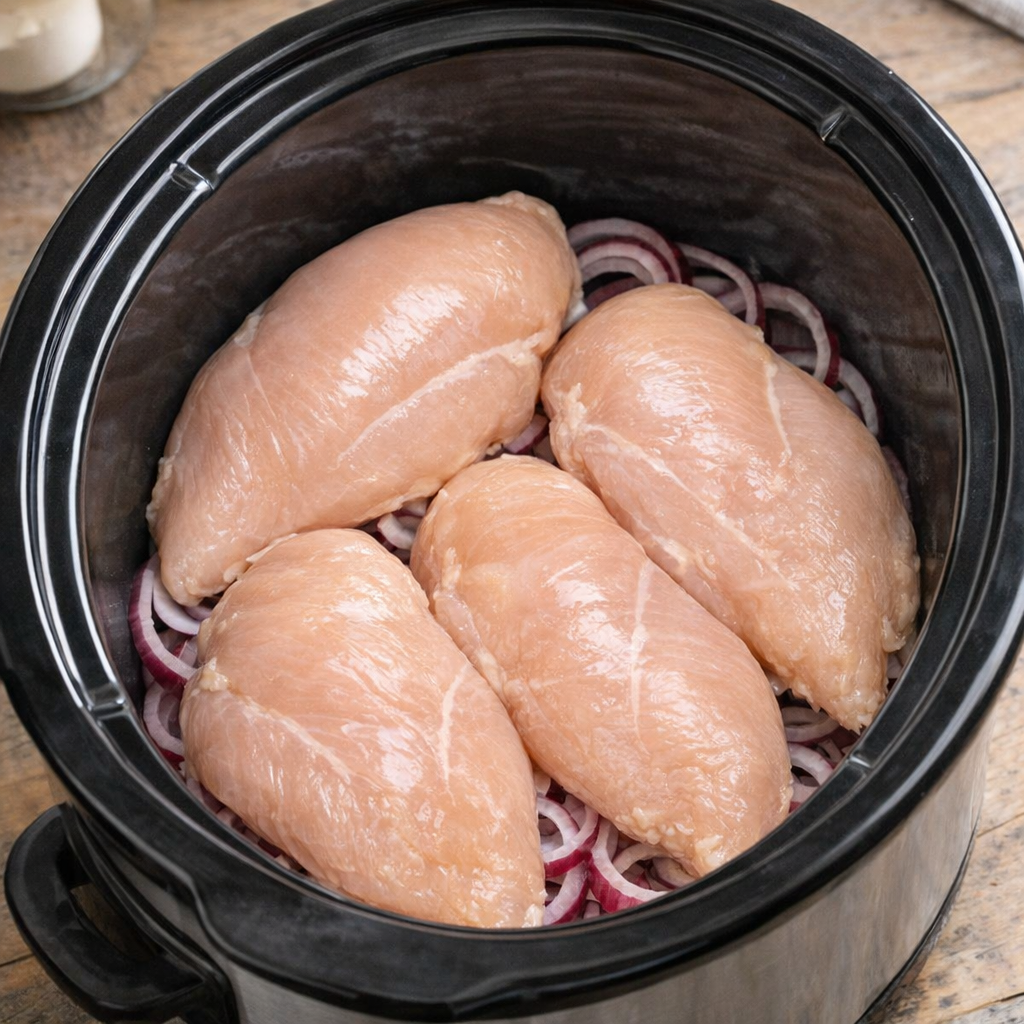 Slow cooker filled with chicken breasts over red onion rings
