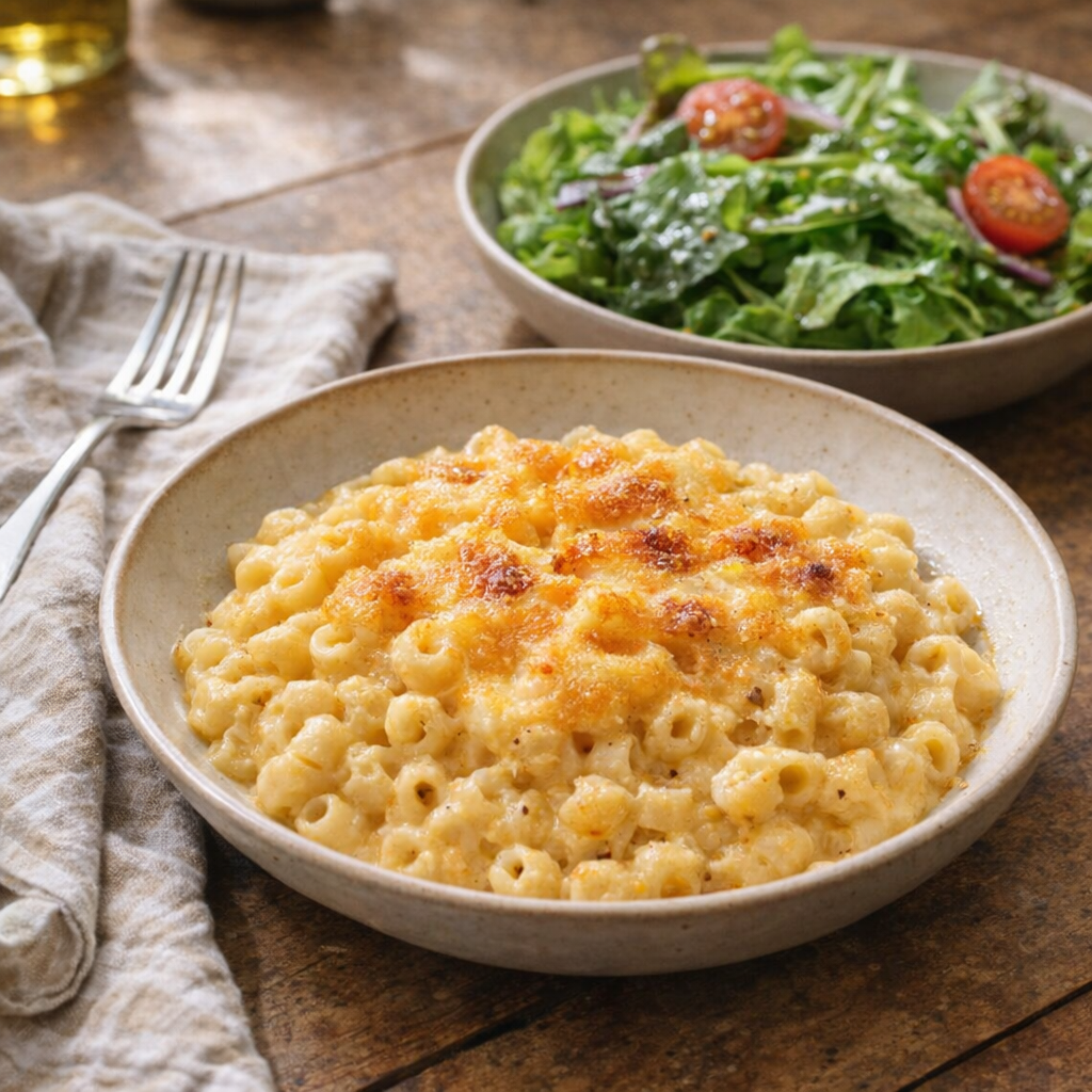 Bowl of cheese pasta served with green salad
