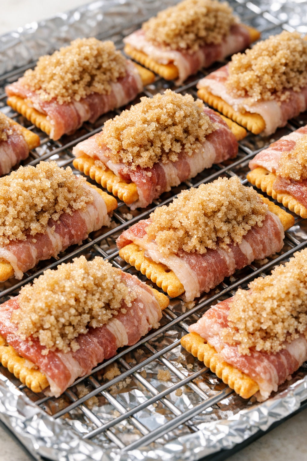 Baconbe tekert keksz, sütés előtt barna cukorral megszórva