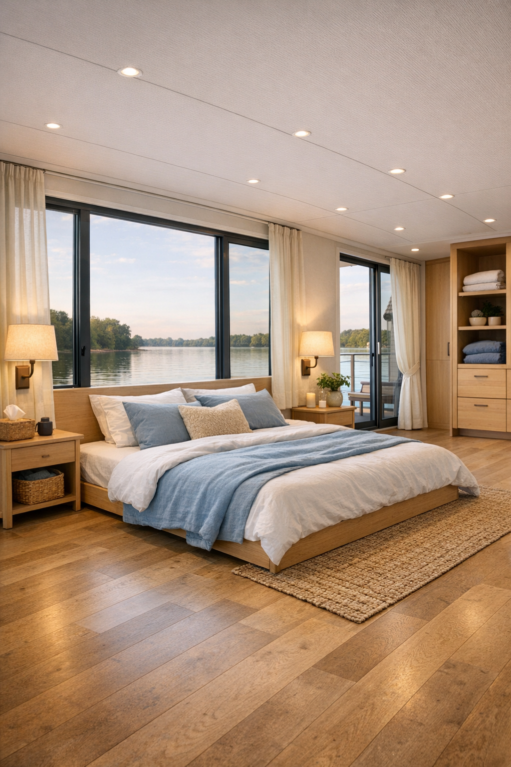 Serene houseboat bedroom with soft linens, light wood furniture, and a calming lake palette