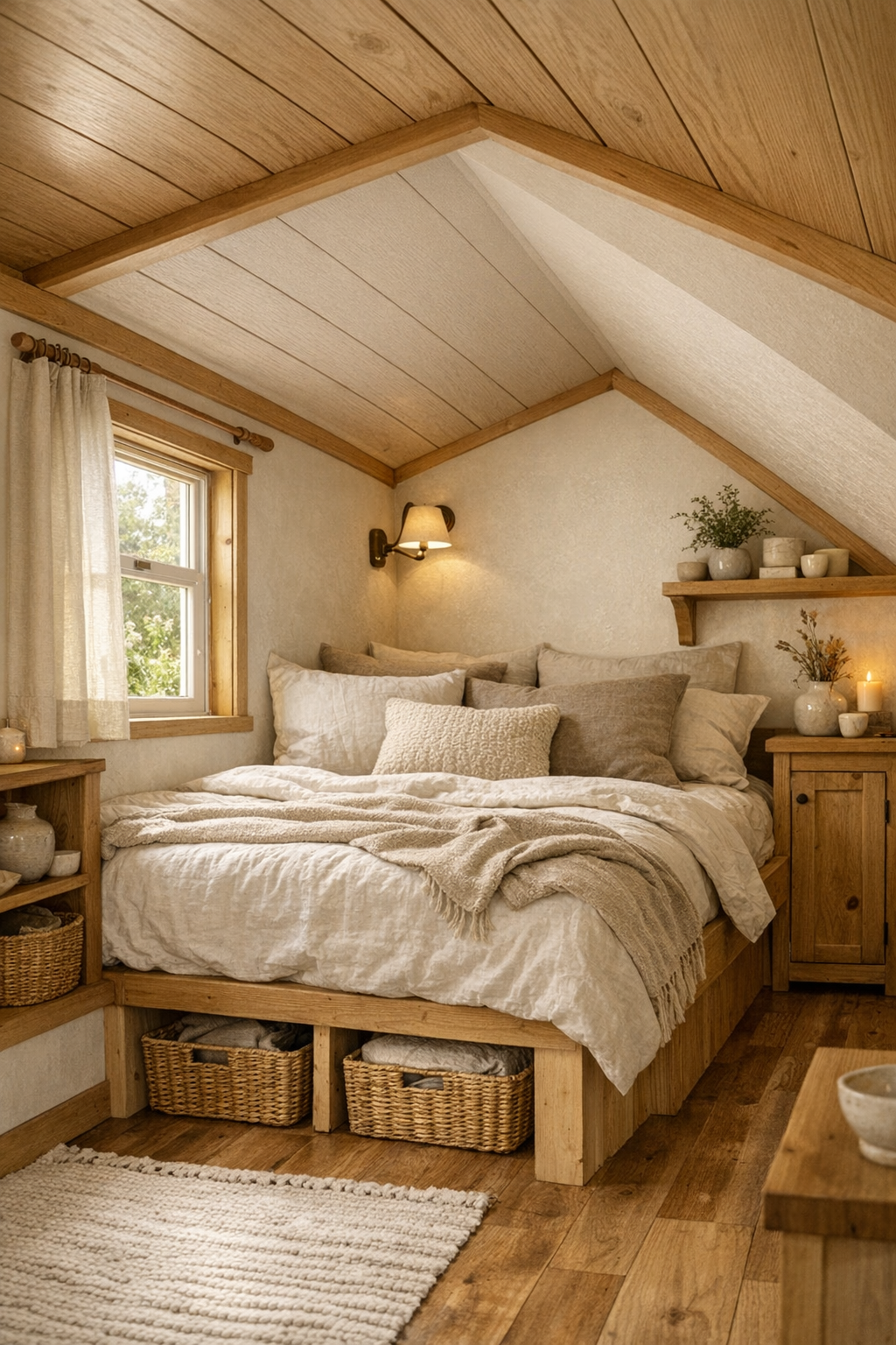 Serene tiny home bedroom with built-in bed, layered neutral bedding, and warm wood accents