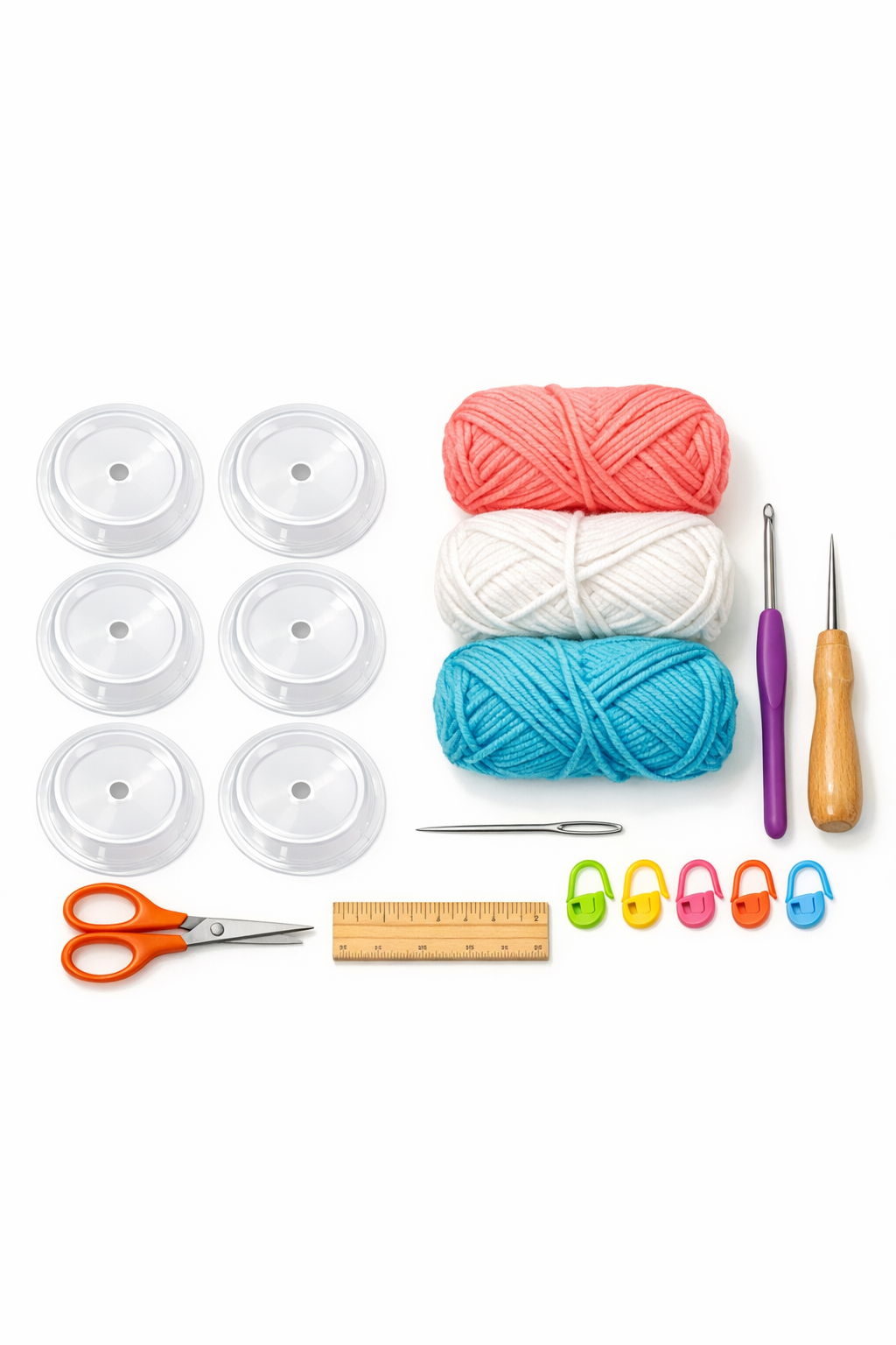Materials for crocheted popsicle drip catchers laid out on a table