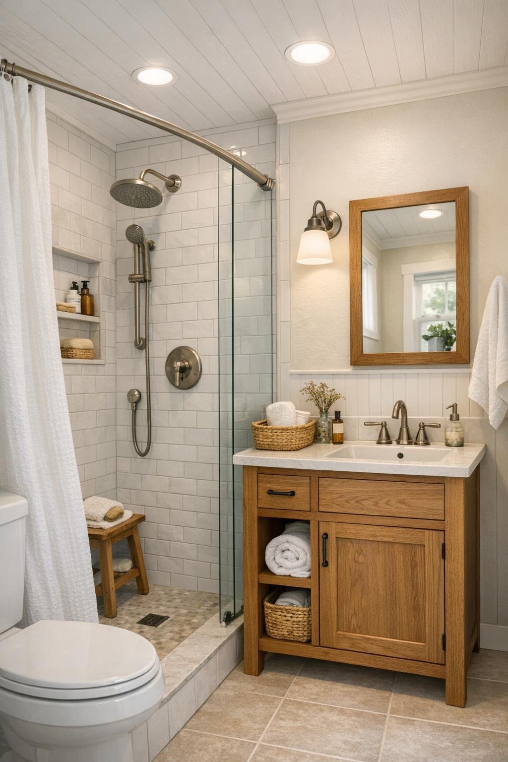 Bright compact bathroom with a tiled shower, small wood vanity, and clean modern cottage finishes