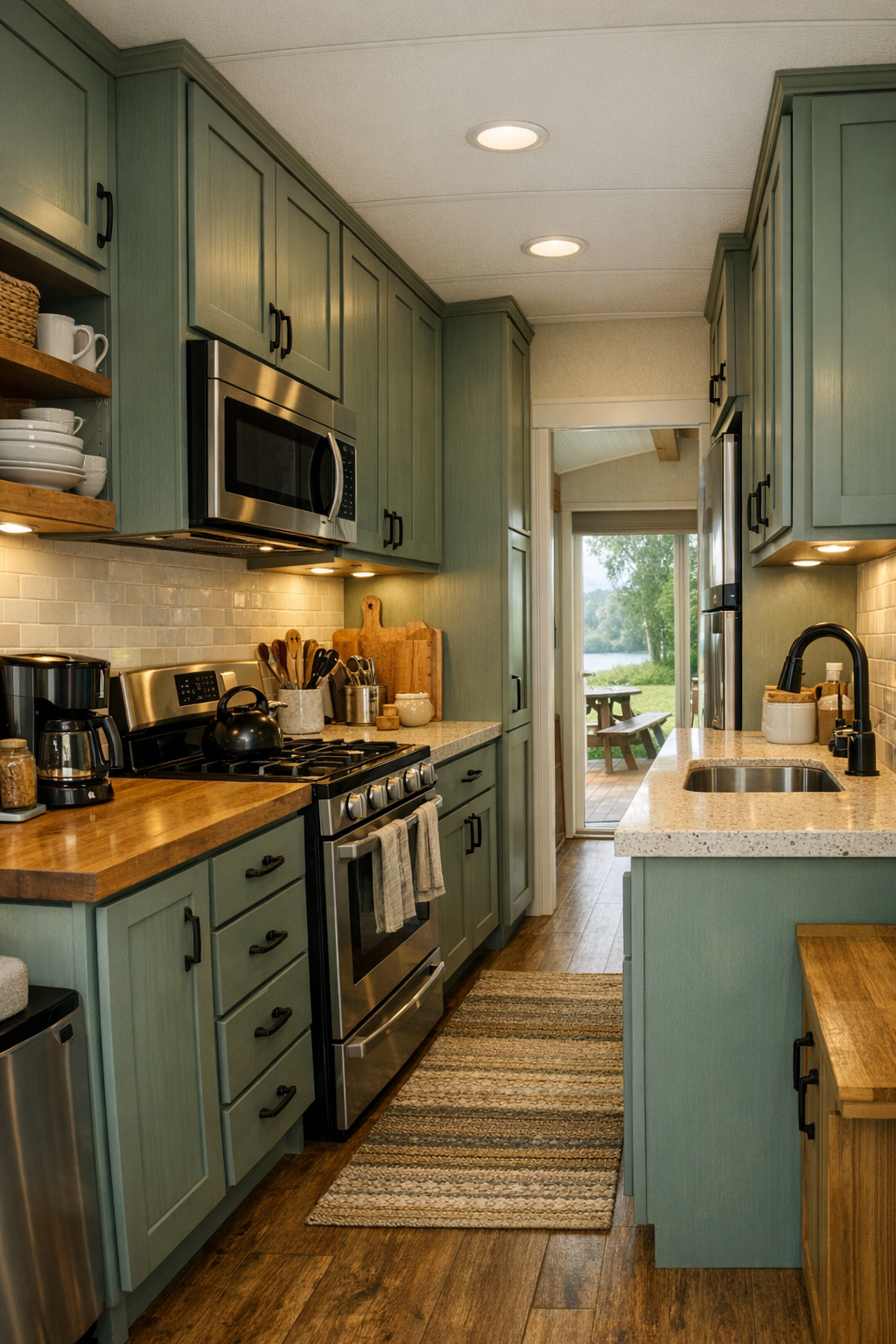 Small Craftsman kitchen with sage cabinets, warm counters, and tile backsplash