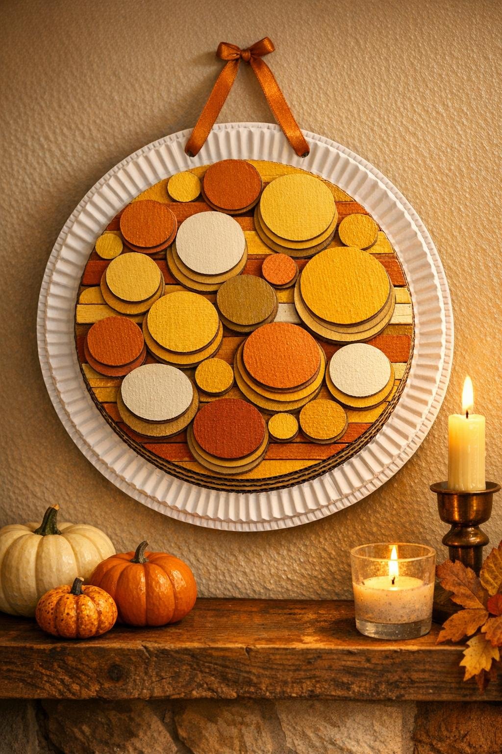 Finished stacked cardboard harvest moon art displayed on a fall mantel