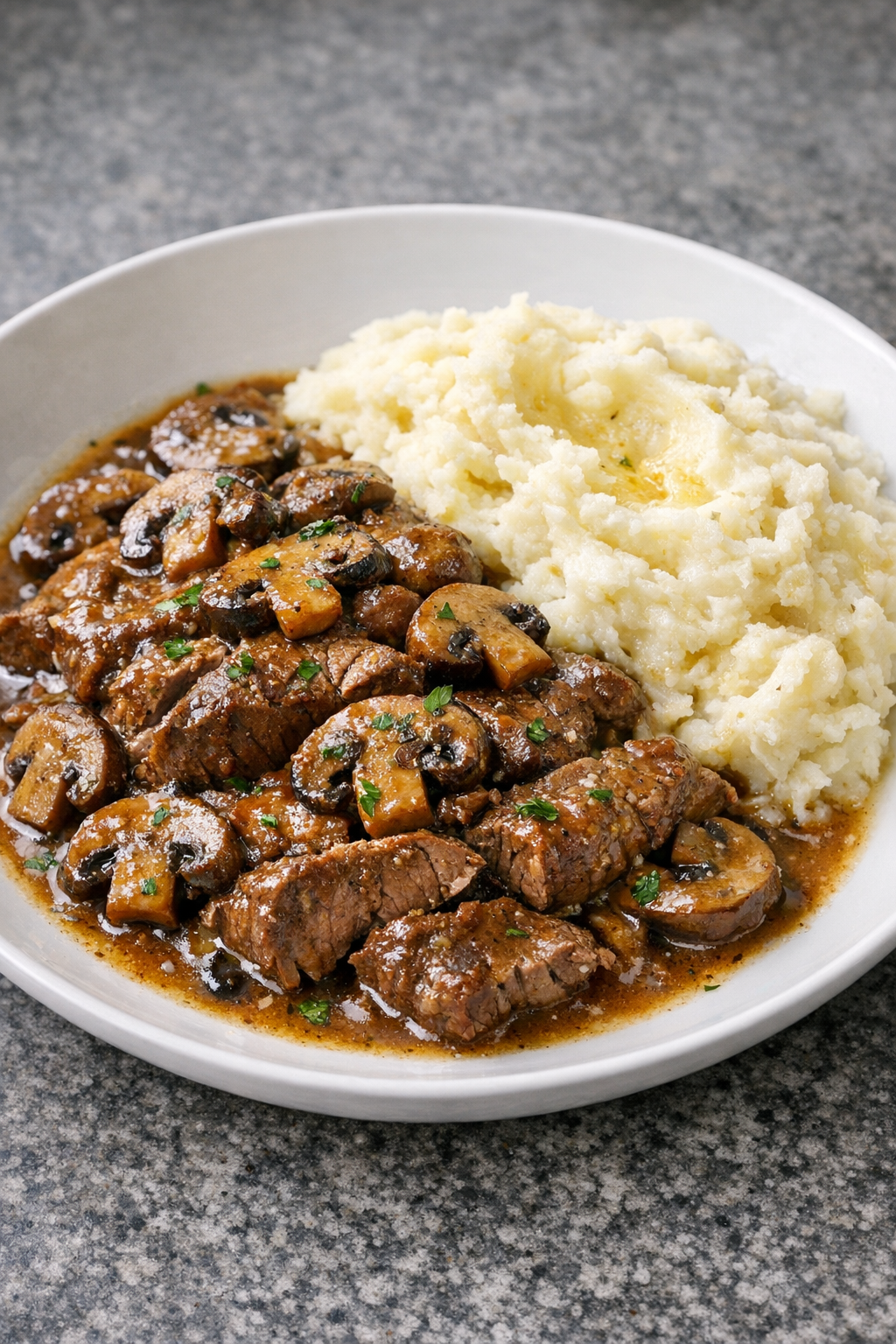 Finished Amish mushroom beef served with gravy