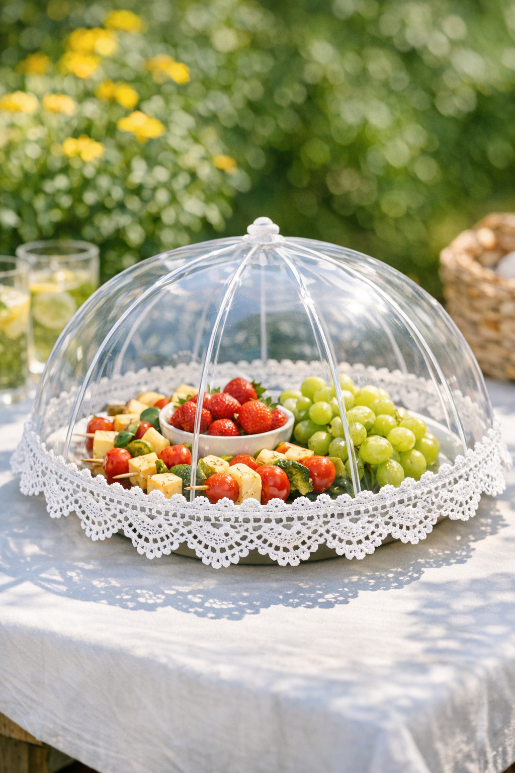 Finished clear umbrella canopy serving platter cover with crocheted lace edge
