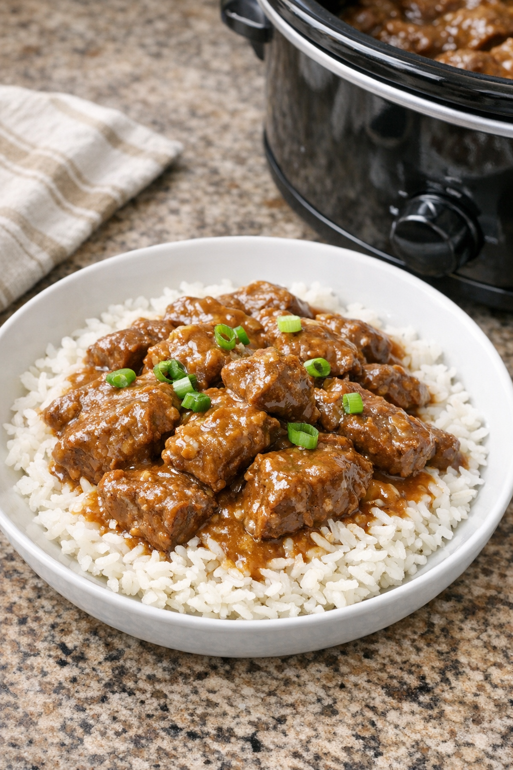Finished peanut butter beef plated over rice