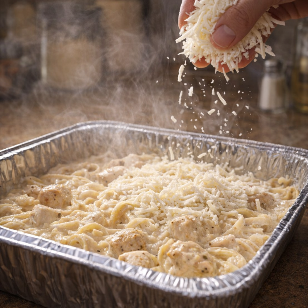 Freshly uncovered chicken alfredo bake topped with more mozzarella before final bake
