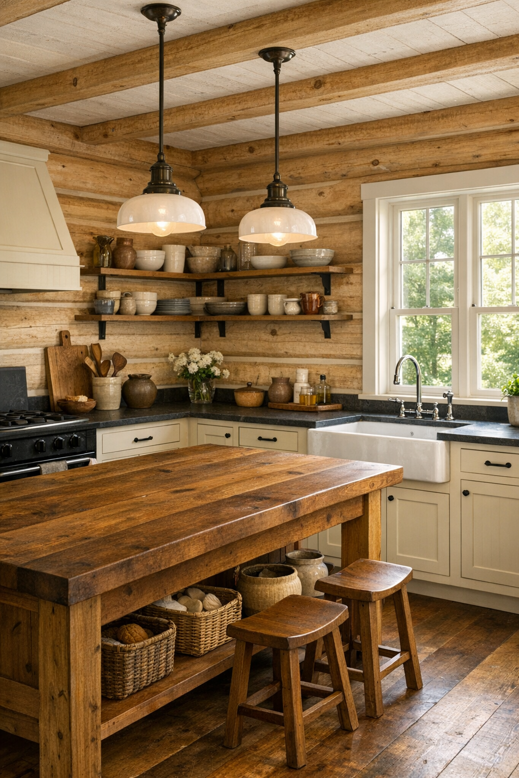 Light rustic kitchen with painted cabinets, wood island, and hemlock log walls