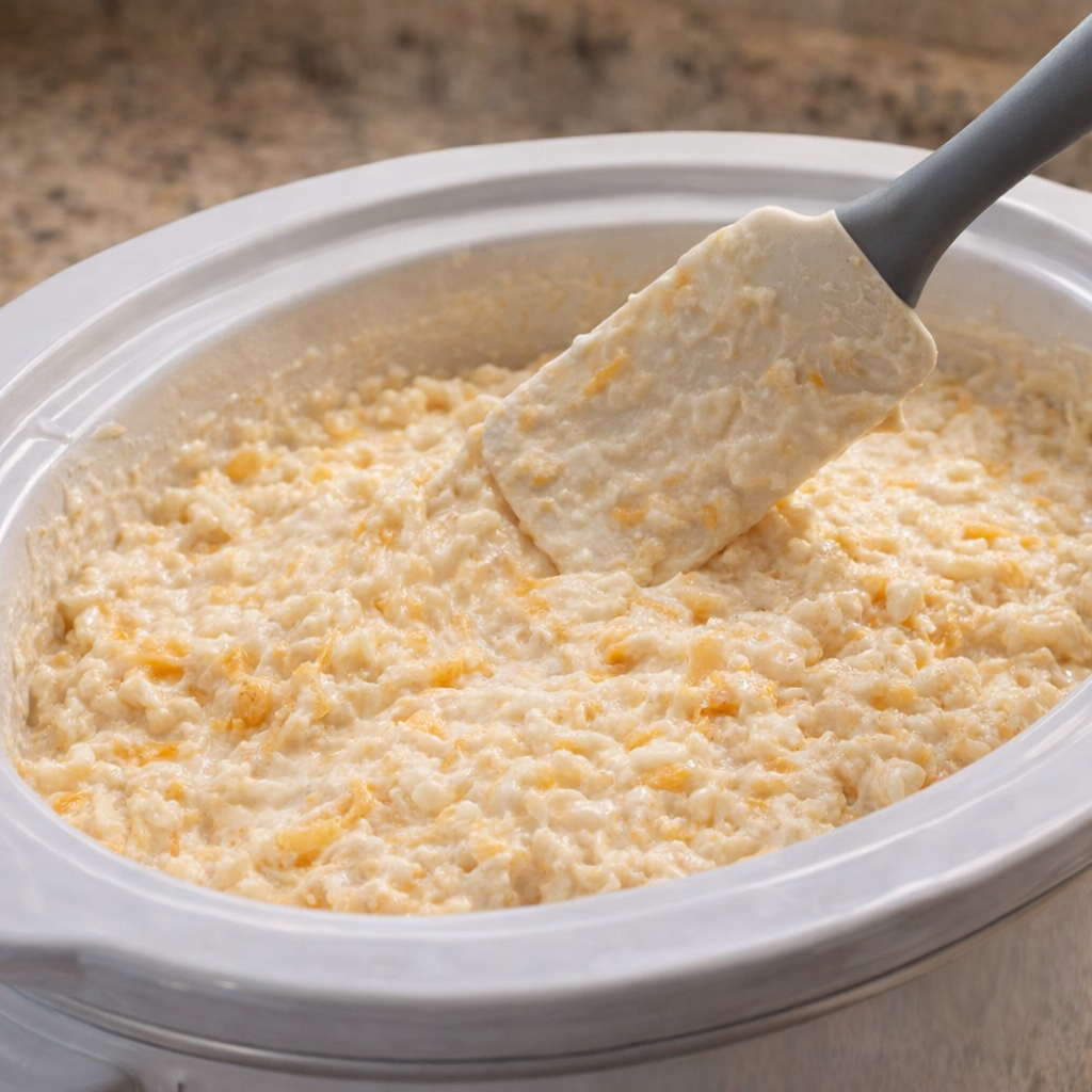 Creamy potato mixture being spread into the slow cooker