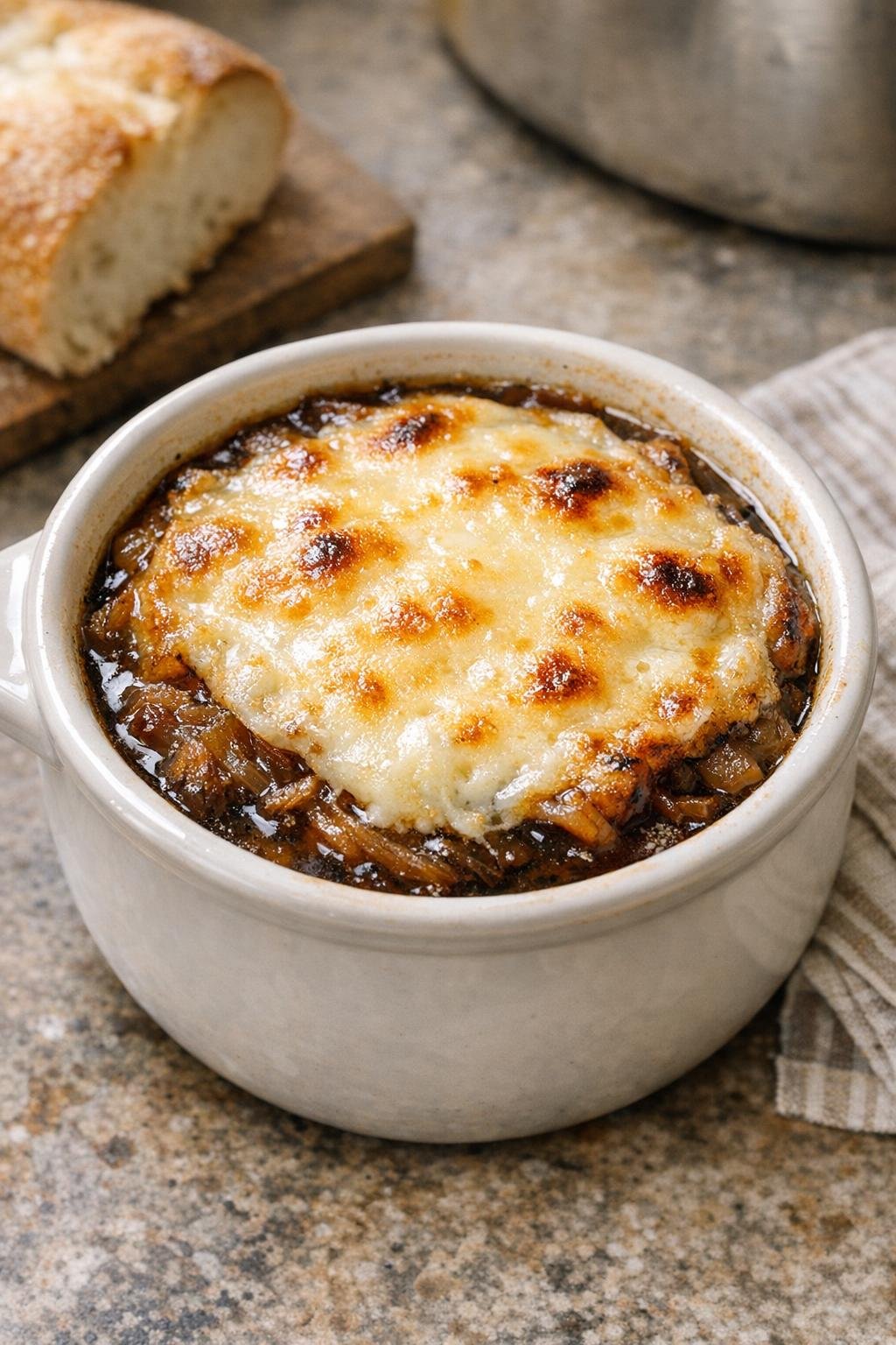 Finished bowl of French onion soup with melted provolone