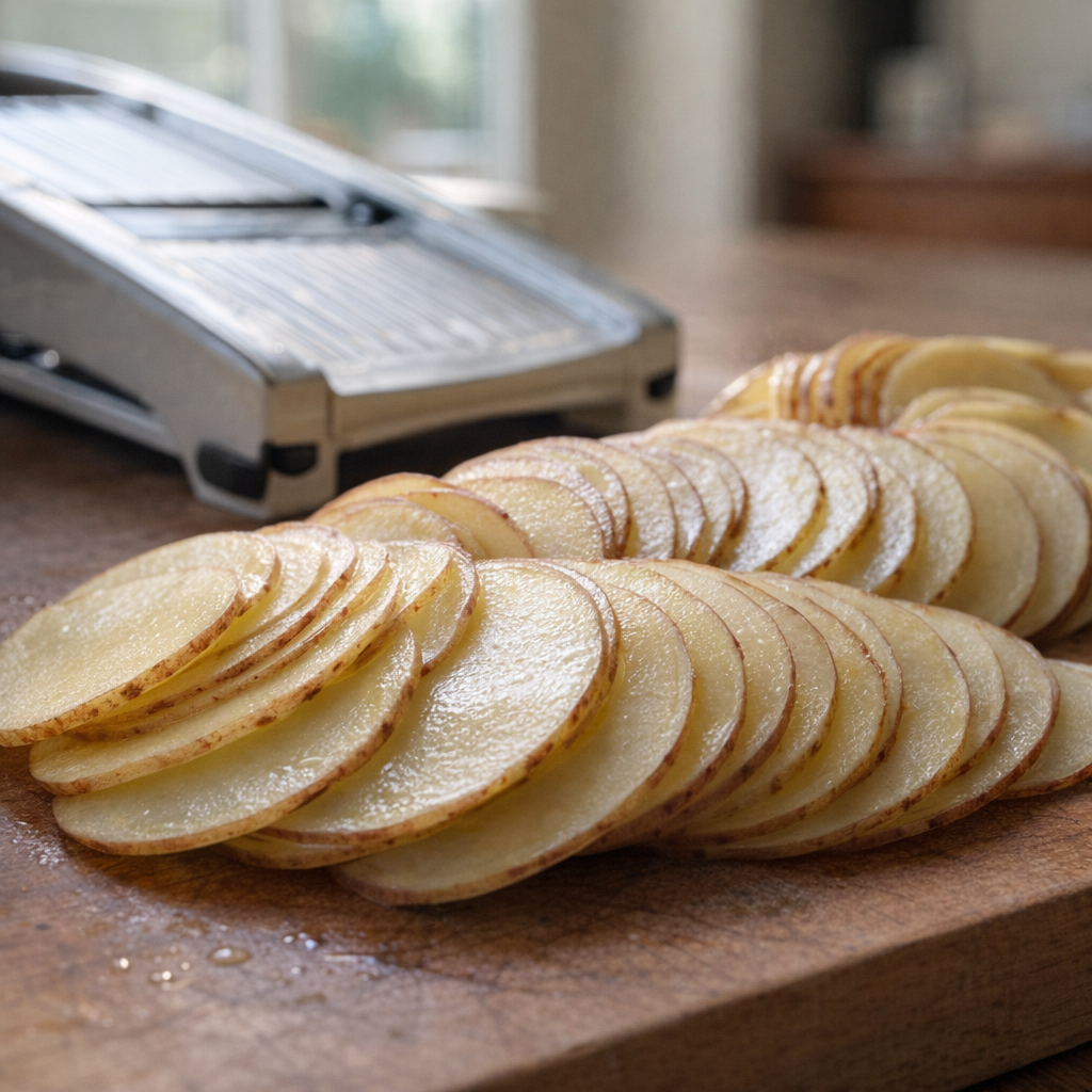 Thin potato slices on a cutting board