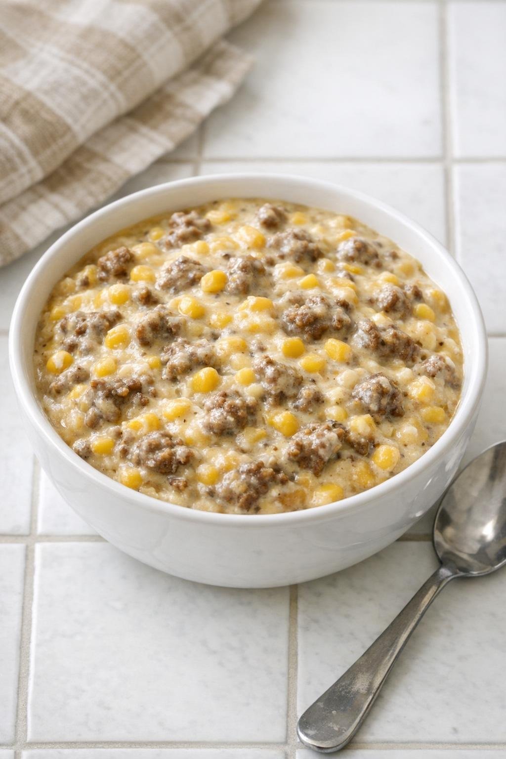 Finished creamed corn beef served in a bowl