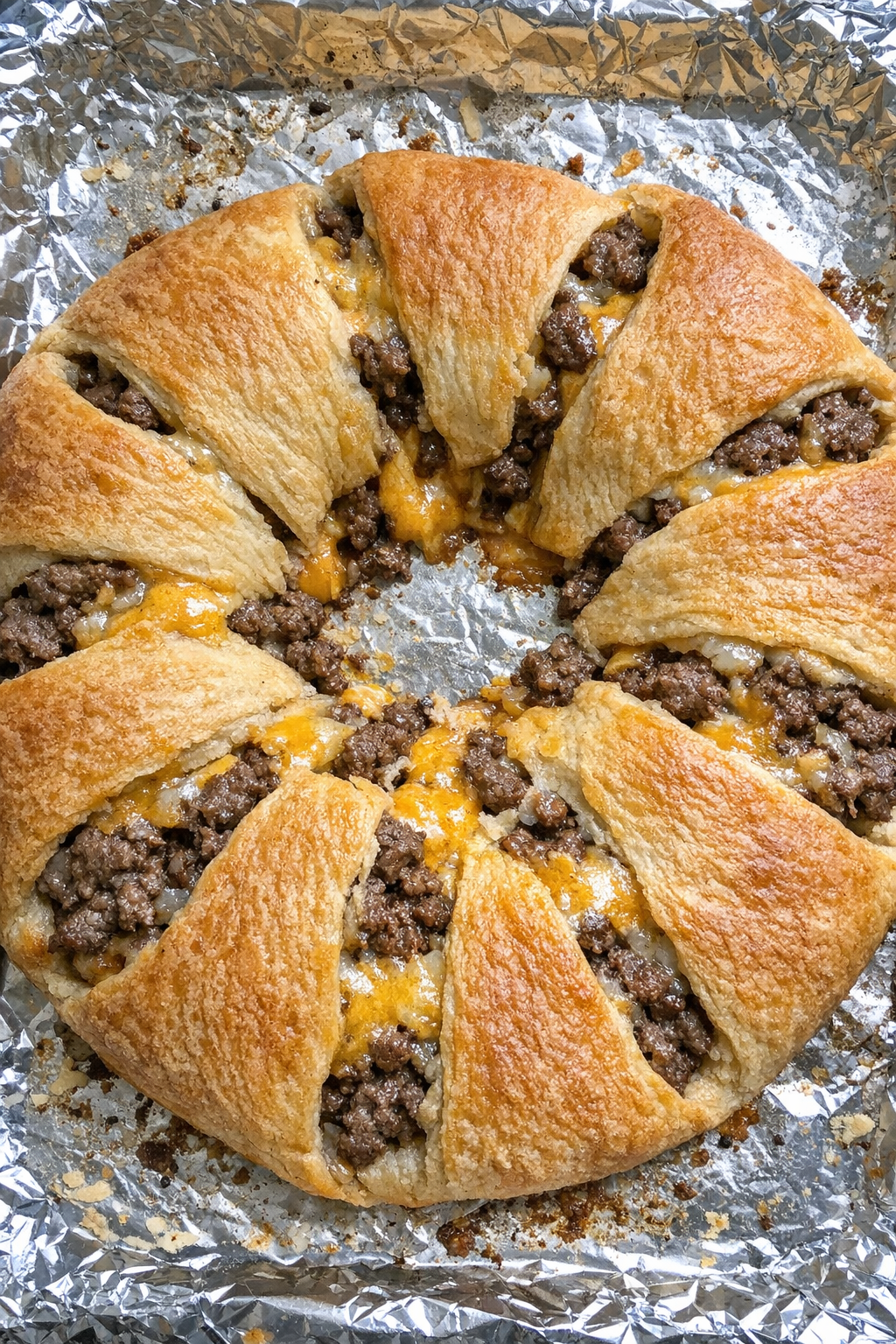 Oven baked 4-ingredient beef crescent ring on baking sheet