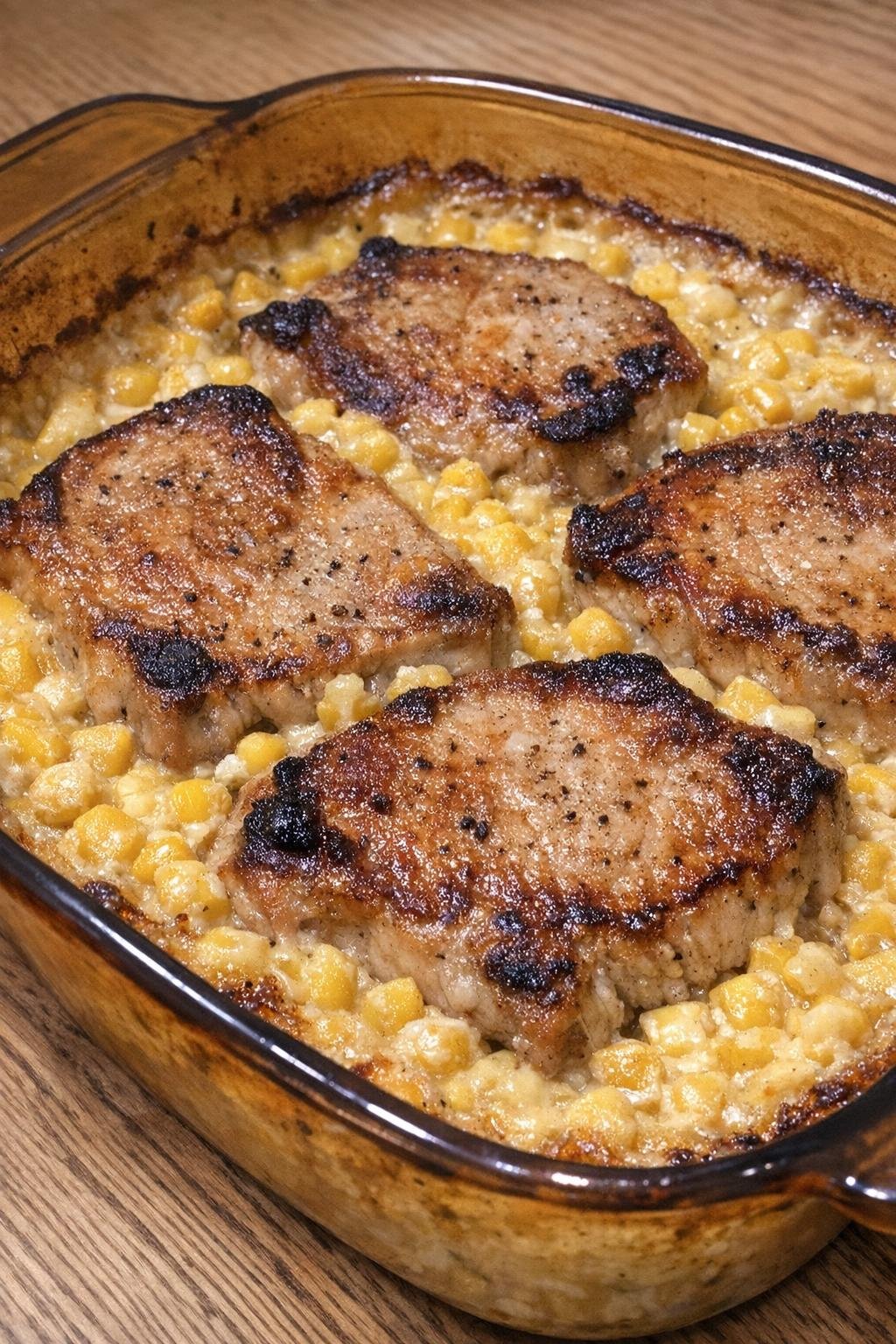 Golden browned pork chops in creamy corn casserole
