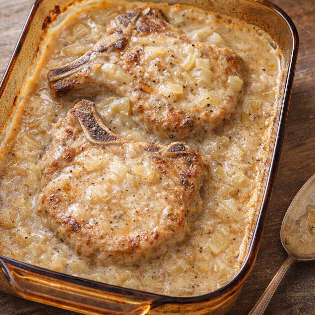 Baked pork chops in onion gravy in a casserole dish