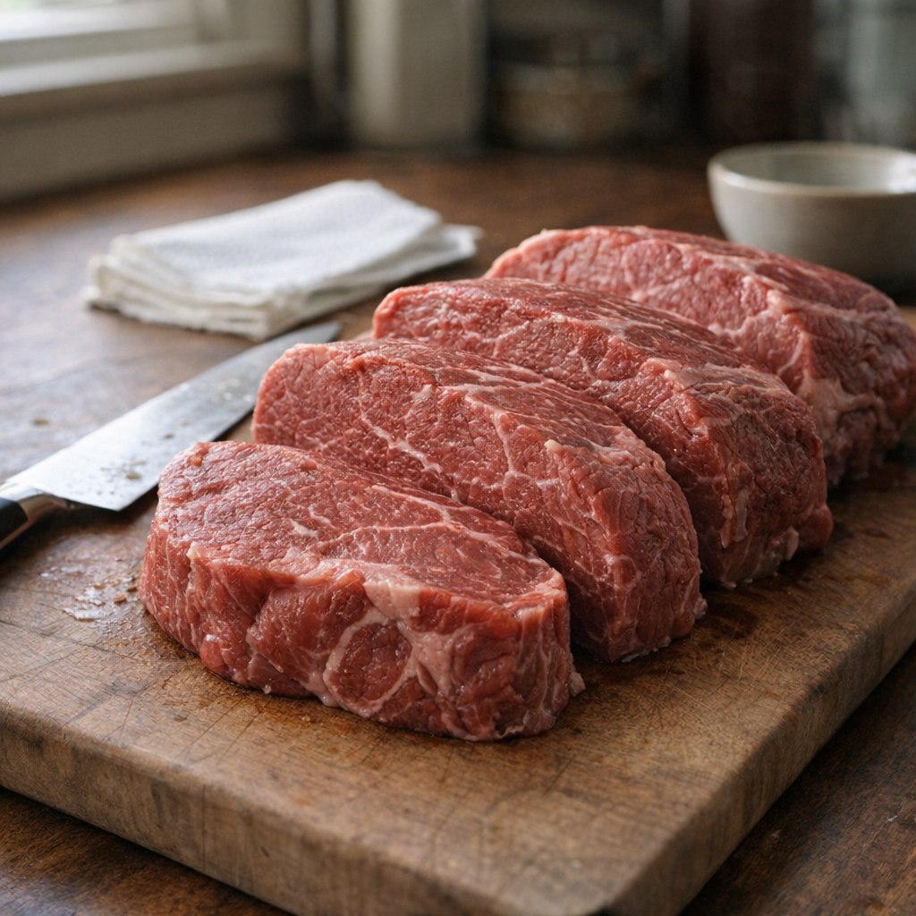 Sirloin tip roast sliced on cutting board
