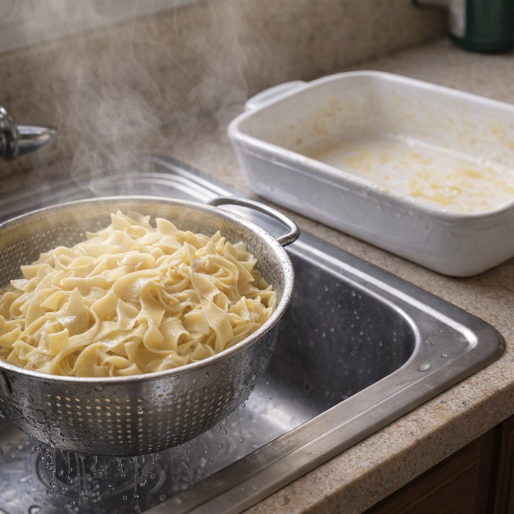 Pasta draining in a colander beside a casserole dish