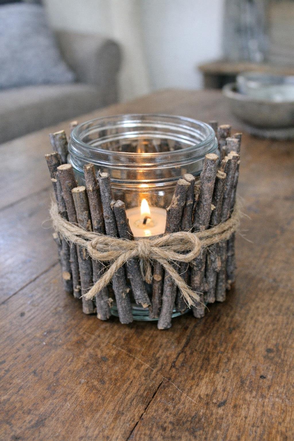 Glass jar wrapped with short twigs and twine