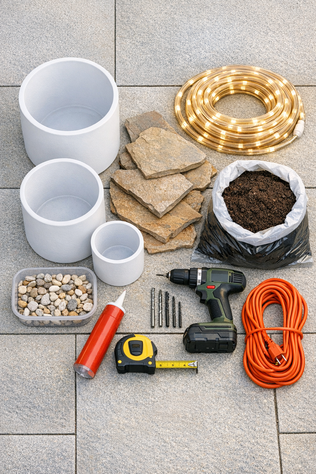 Materials for glowing planter columns laid out on a patio