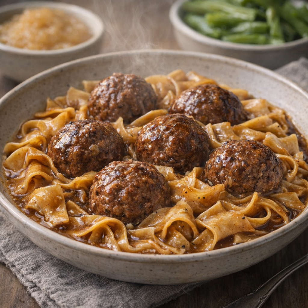 Served bowl of Amish meatball noodles