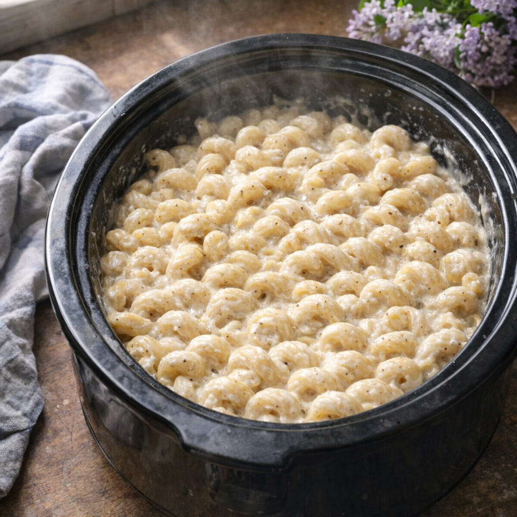 Slow cooker creamy ranch cavatappi in a country kitchen