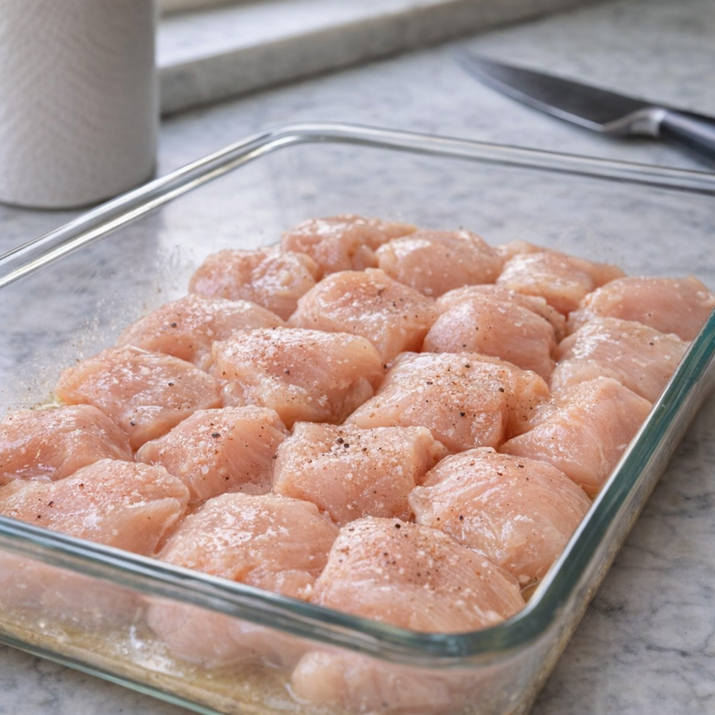 Cut chicken pieces in a glass baking dish