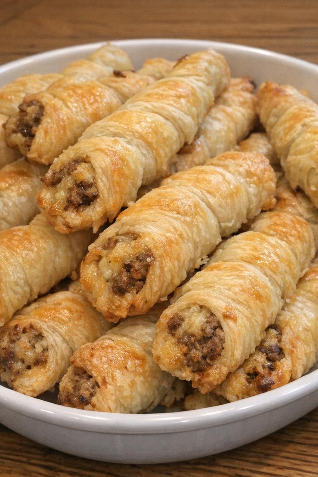 Golden flaky pastry twists piled in a serving dish