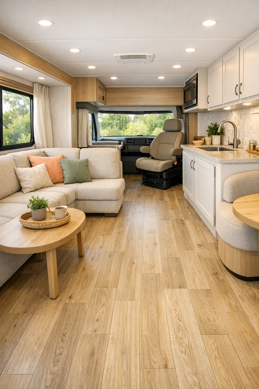 Accessible RV camper living room with peach and cream accents