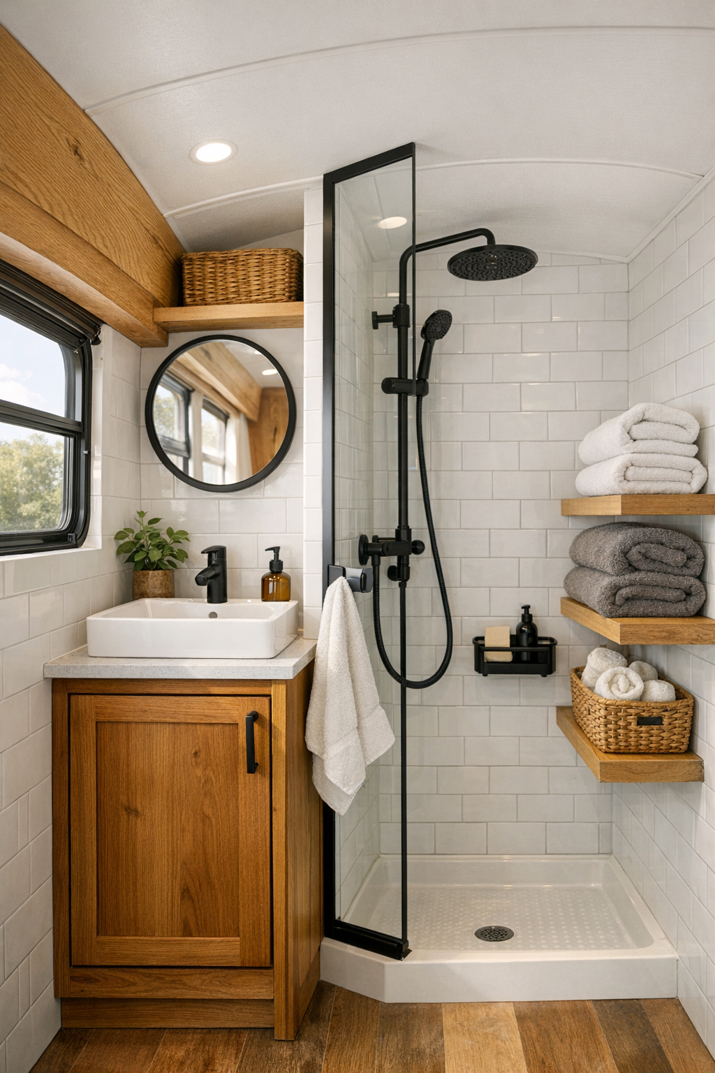 Compact bathroom with white tile, warm wood vanity, and matte black fixtures in a converted bus