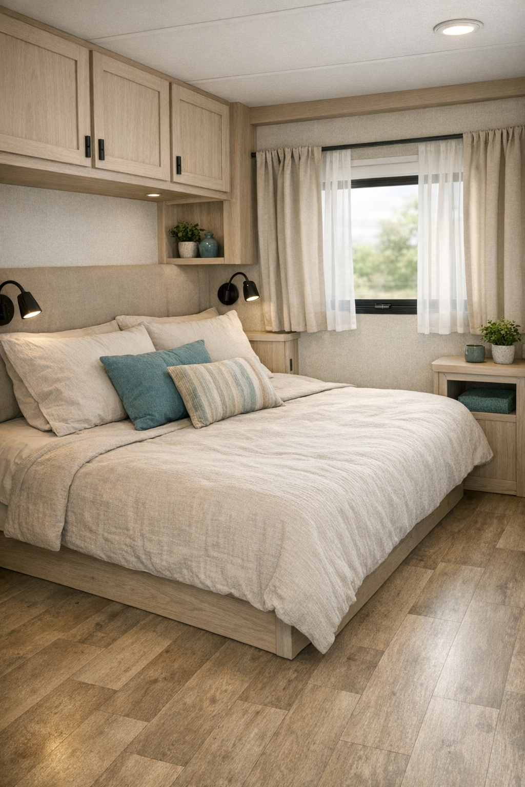 Cozy RV camper bedroom with accessible bed, pale wood storage, and soft neutral textiles