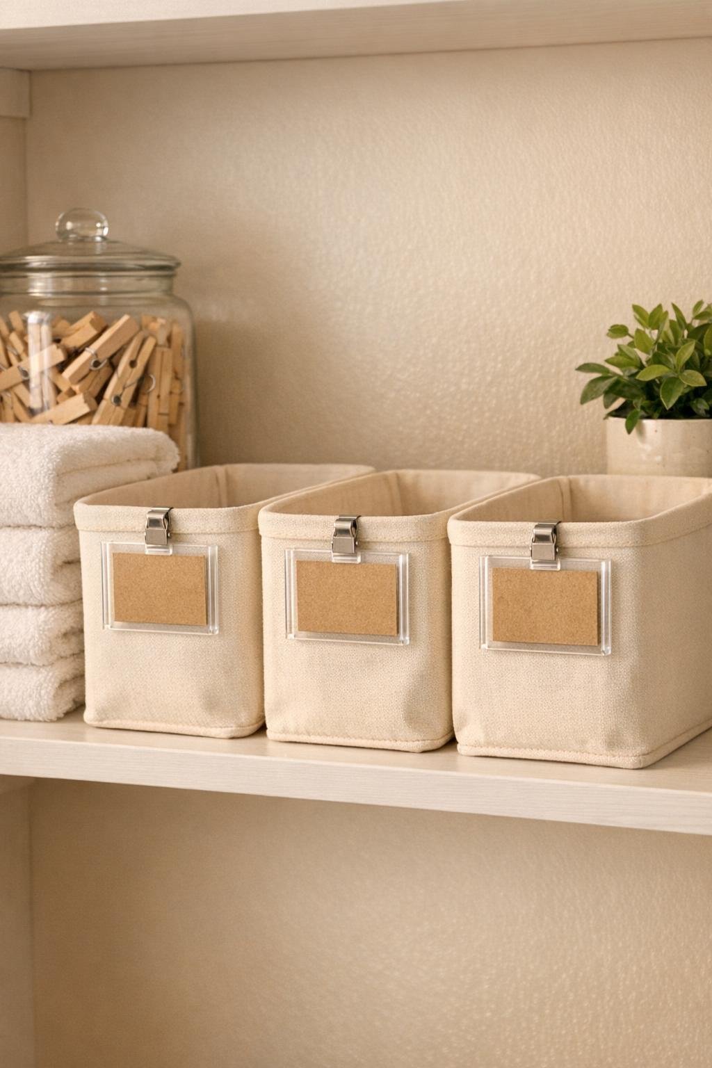 Finished acrylic frame laundry labels clipped onto canvas bins in a neat laundry room