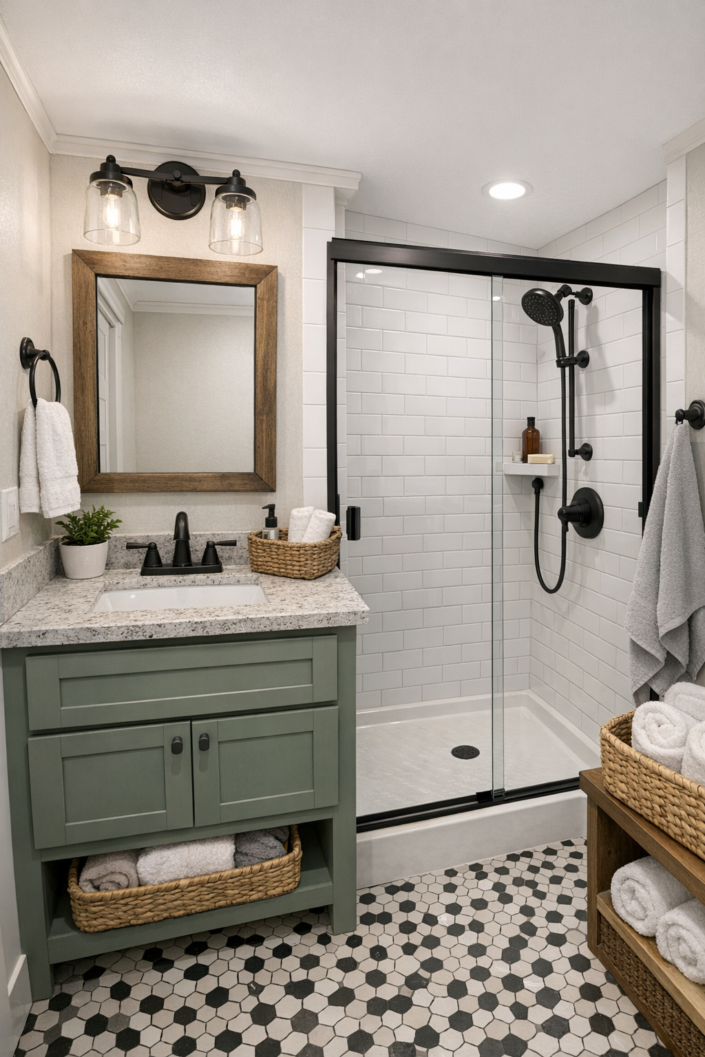 Charming small bathroom with craftsman vanity and tiled shower