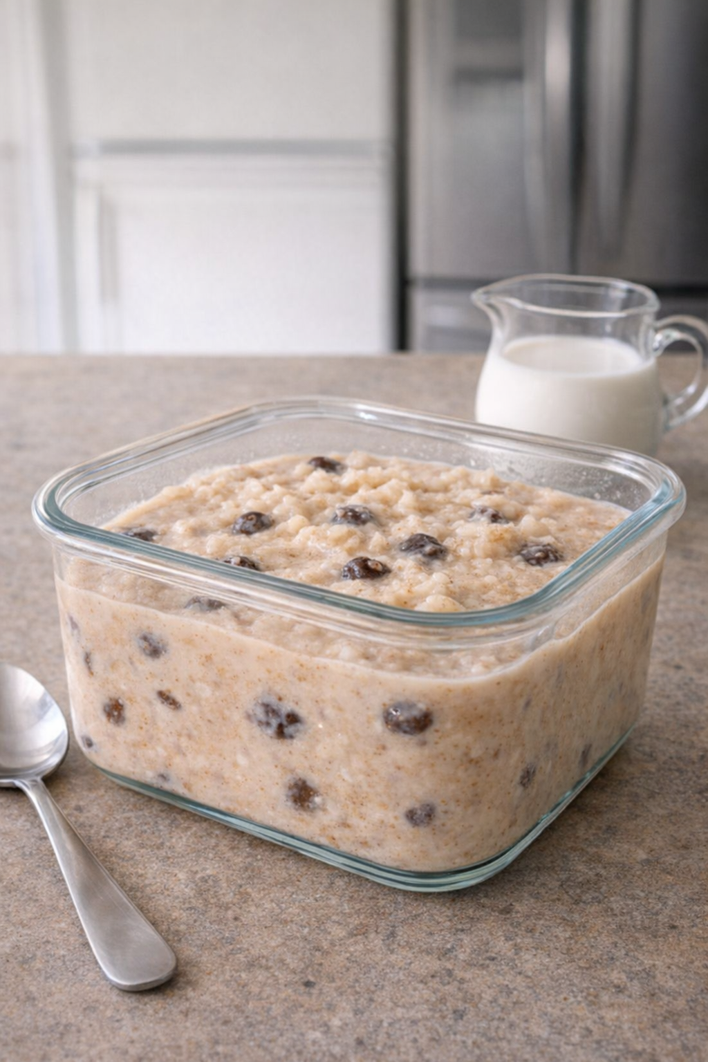 Leftover rice pudding stored for meal prep