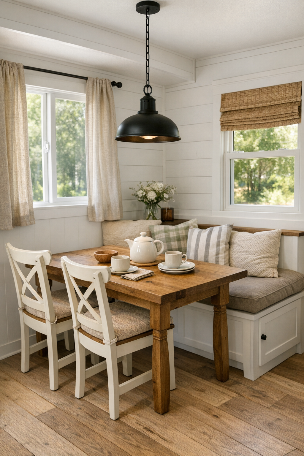 Small farmhouse dining area with a wood table, simple chairs, and soft natural light