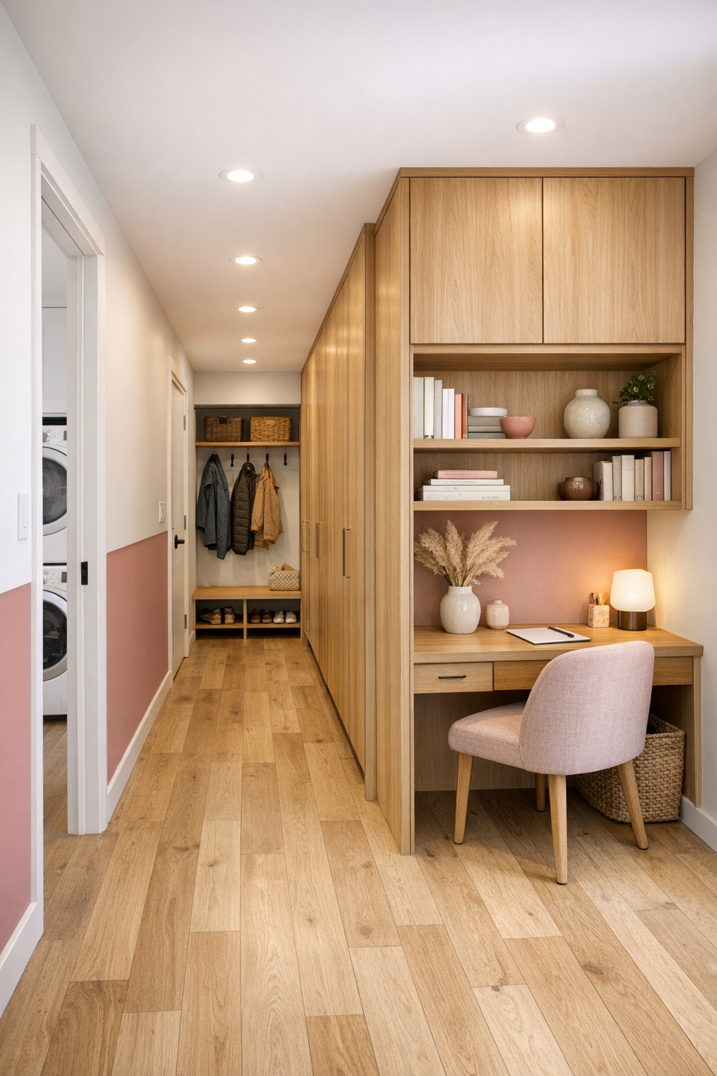 Thoughtfully designed hallway and flex area with built-in oak storage, a compact desk nook, and soft modern lighting