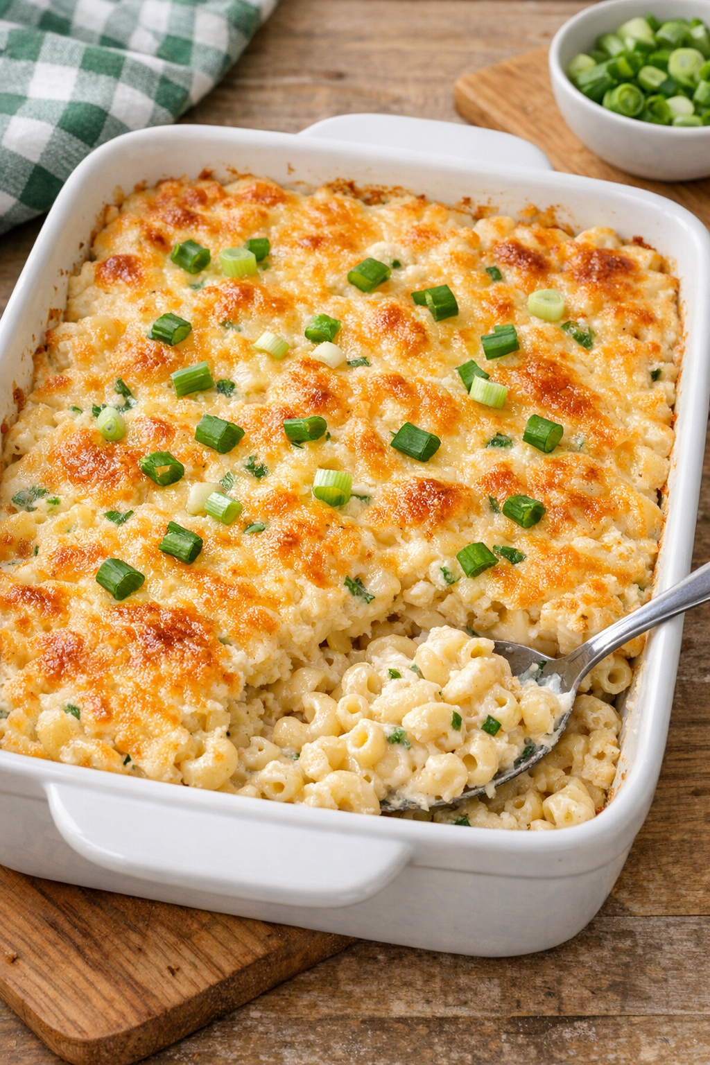 Finished baked green onion cream cheese macaroni in a casserole dish