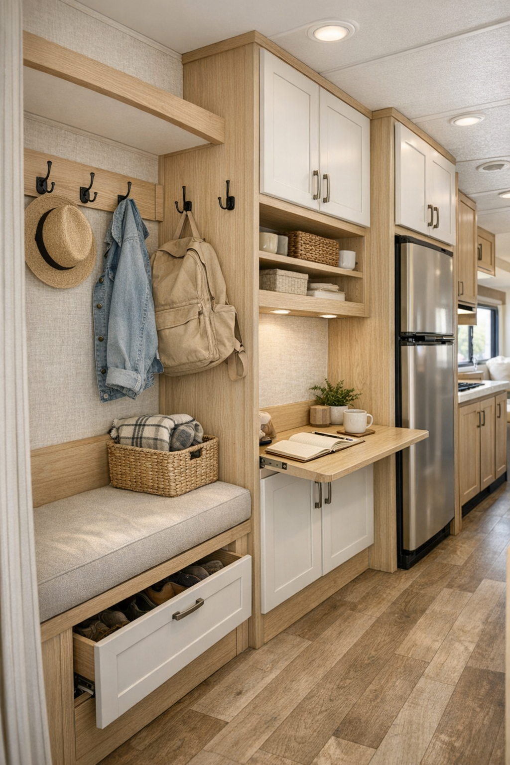 Thoughtful RV camper storage area with entry bench, hooks, and built-in cabinetry