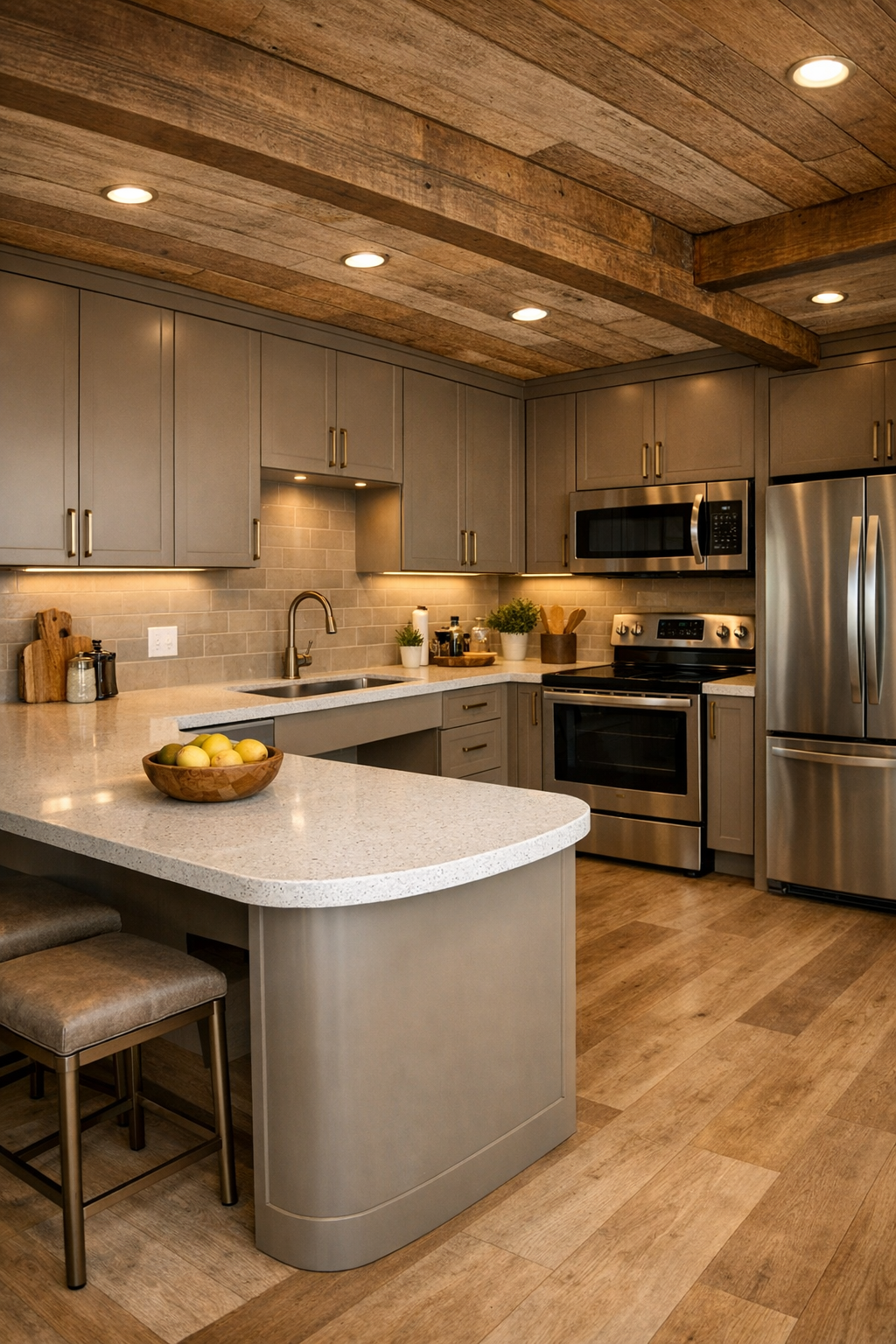 Warm accessible kitchen with taupe cabinets quartz counters and bronze hardware in a container home