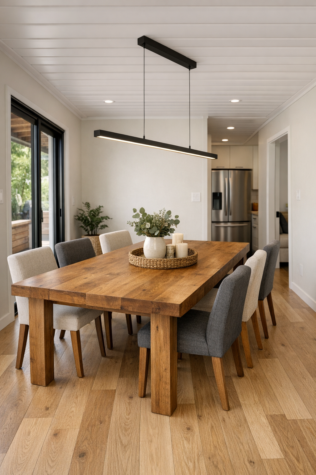 Warm modern dining room with wood table and soft upholstered seating