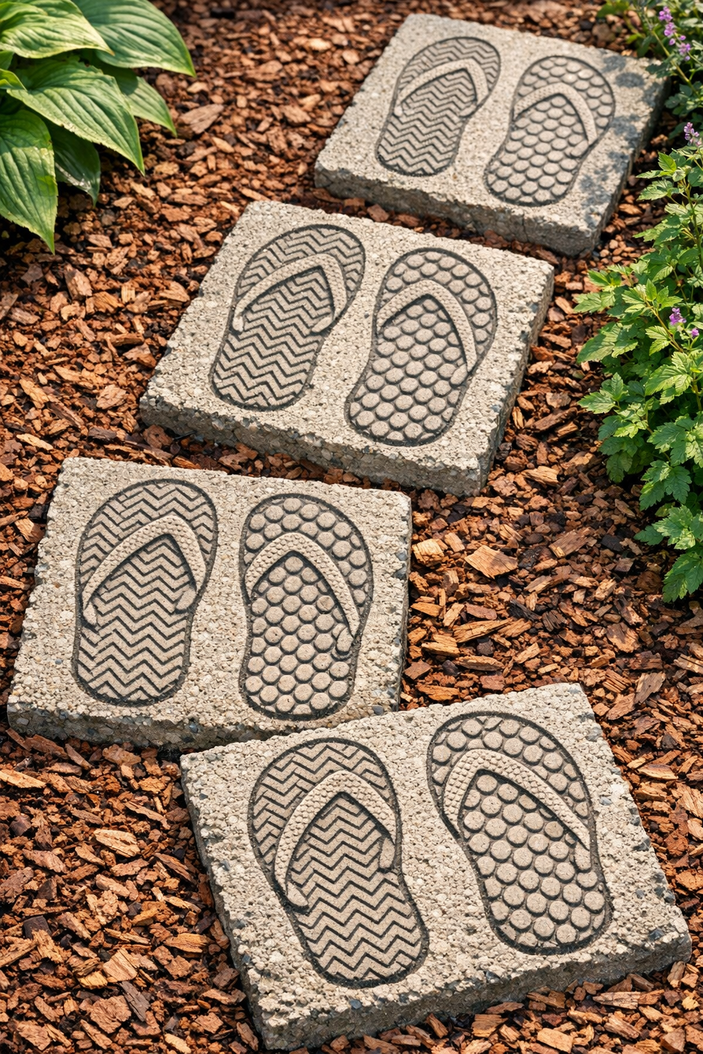 Finished tread-textured cement yard slabs in a garden path