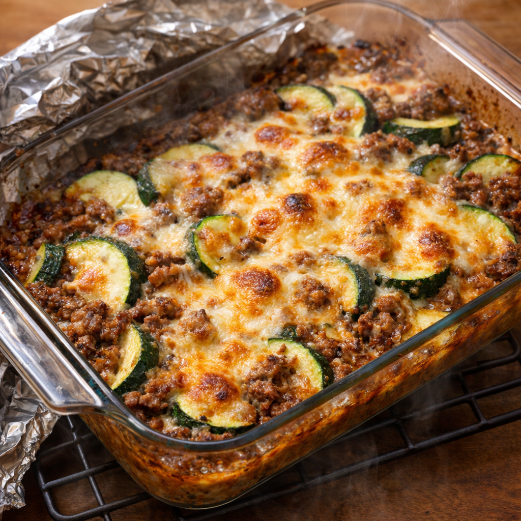 Baked casserole resting with golden cheese on top