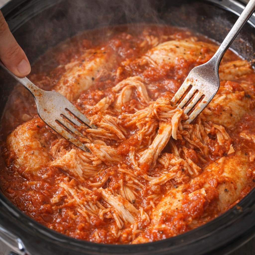 Cooked chicken being shredded into marinara sauce inside the slow cooker