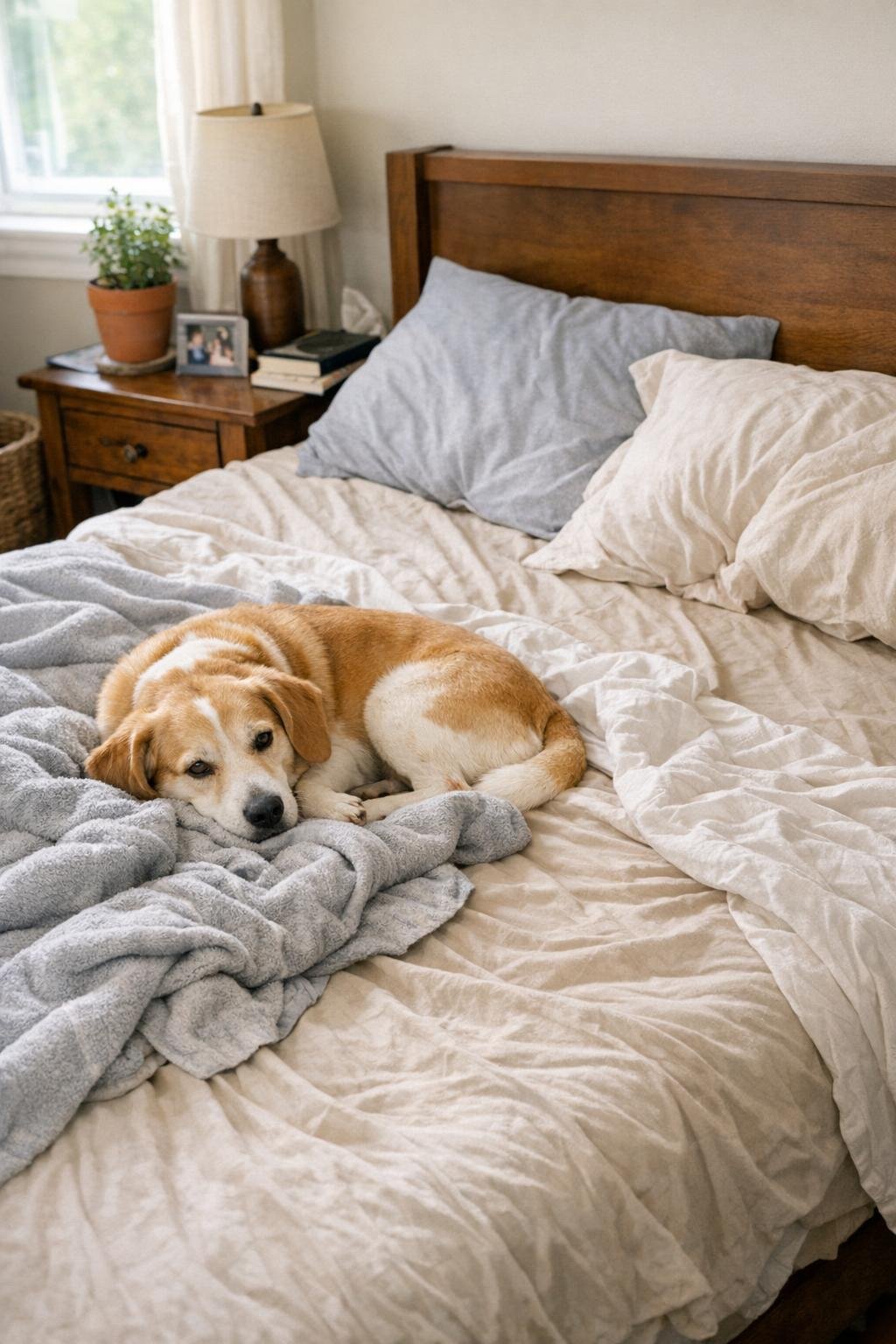 Dog cozied into a familiar bedtime spot on a bed