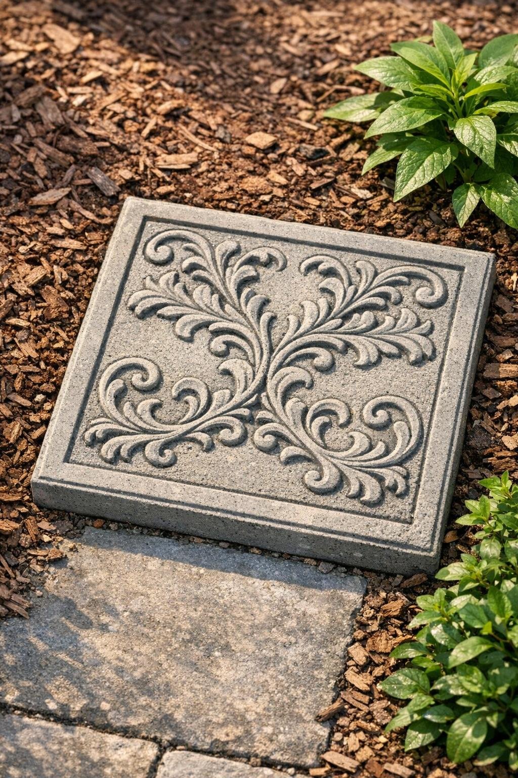 Finished scrollwork cement patio stone in a garden setting