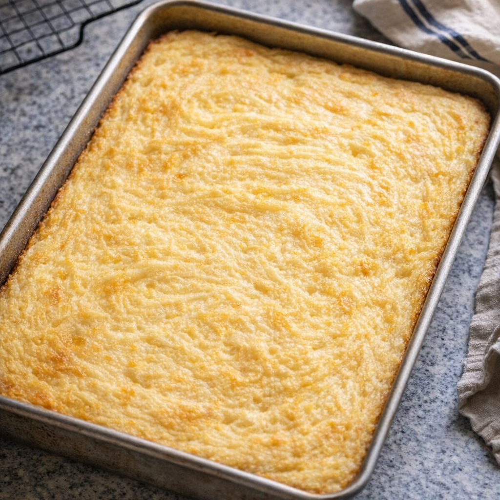 Freshly baked lemon sheet cake in a metal pan