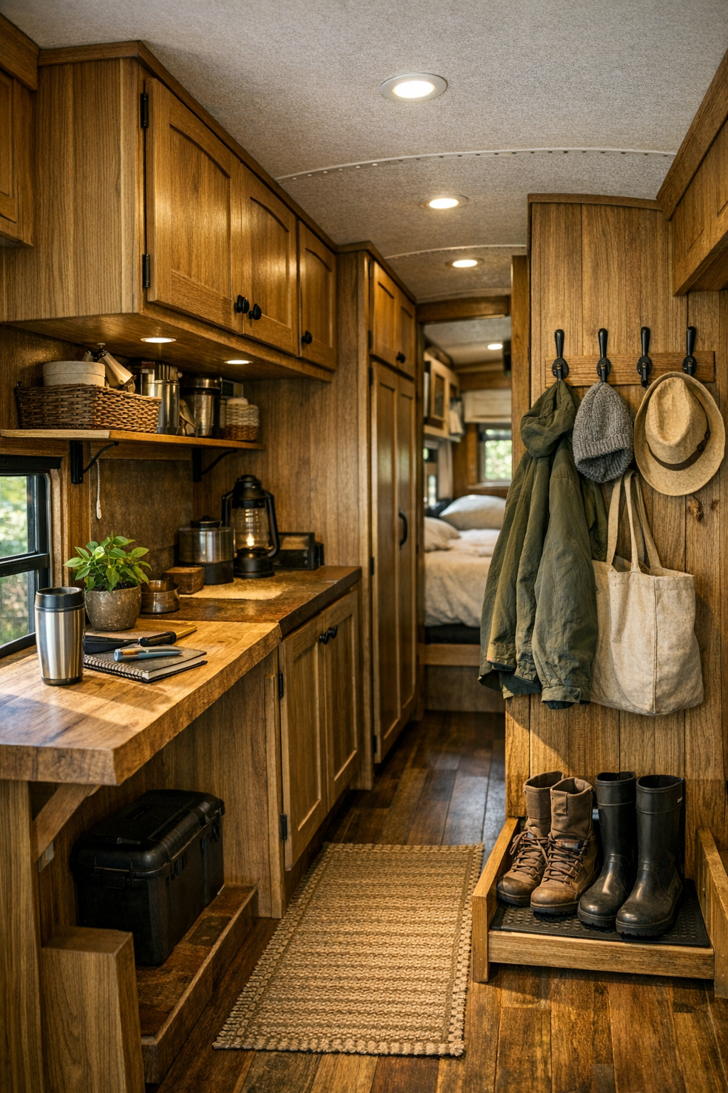 Smart bus utility and hallway area with built-in storage, hooks, and a small work ledge