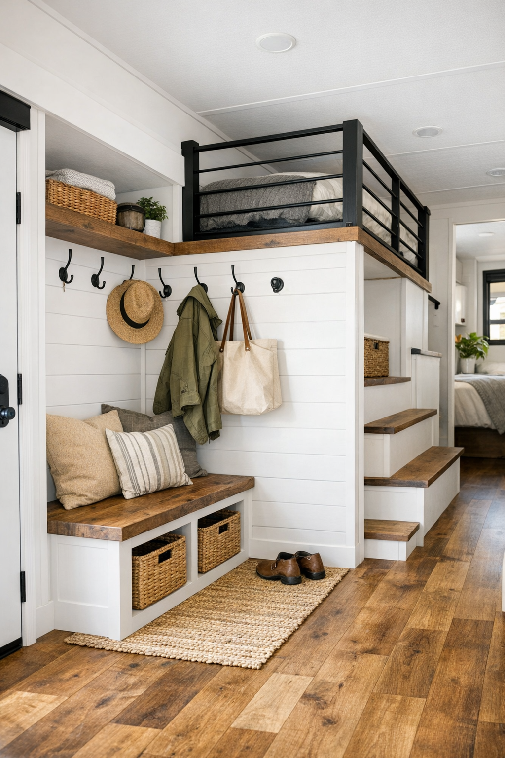 Thoughtful modern farmhouse RV entry and loft area with built-in storage and wood details