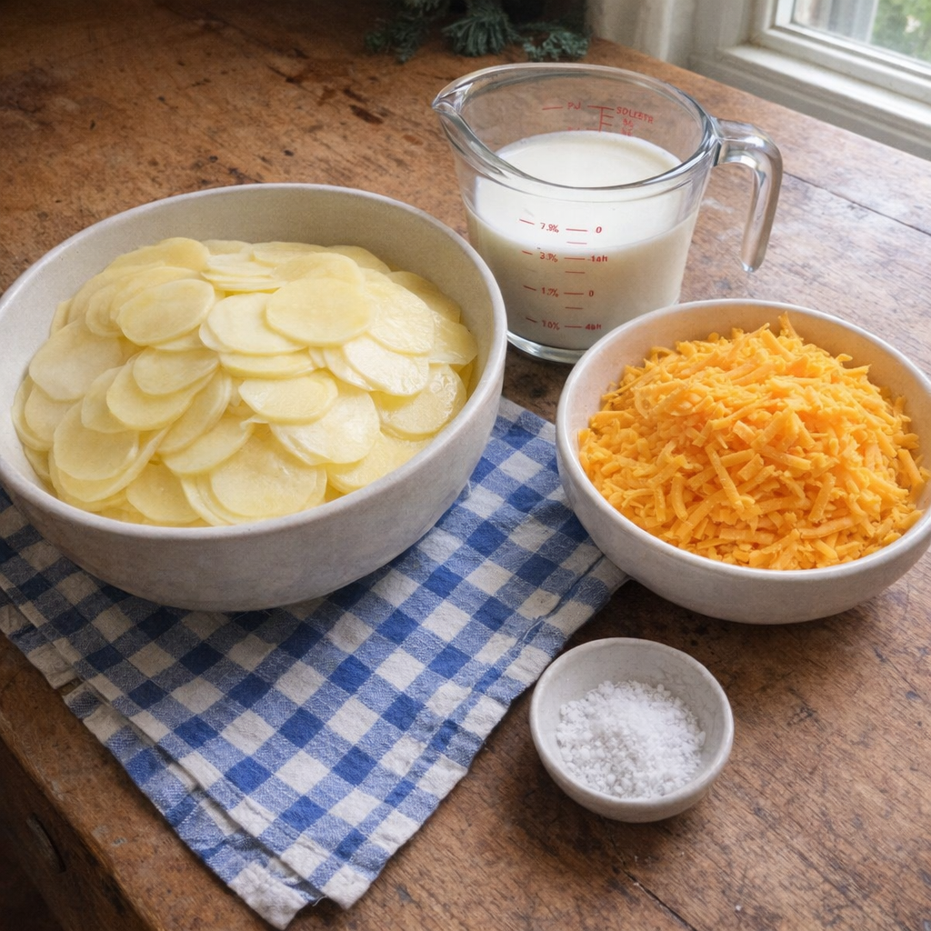 Sliced potatoes, cream, and cheddar arranged for cooking